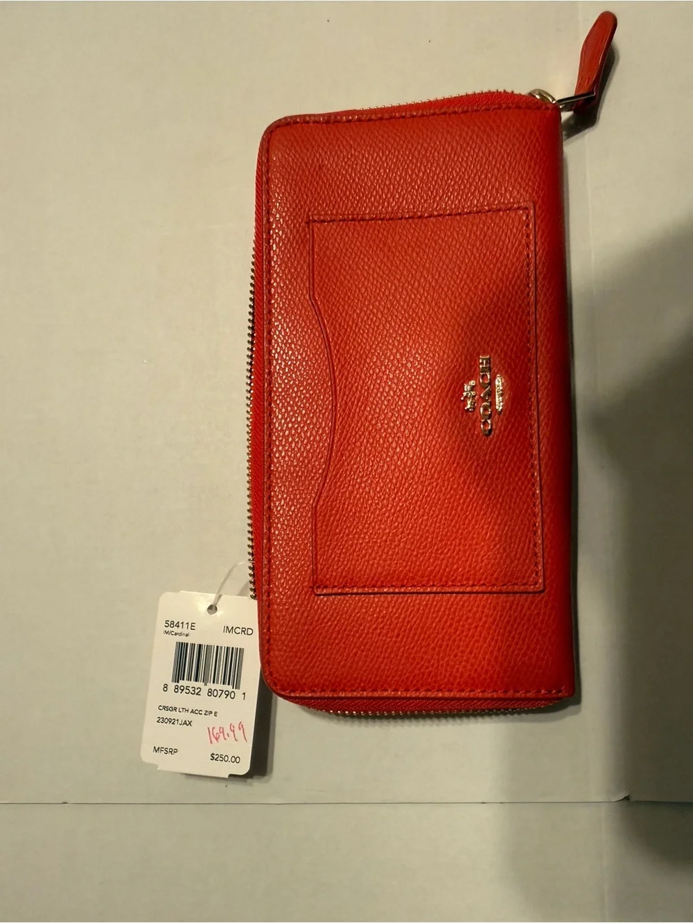 Coach Red Pebbled Leather Zip Wallet with Logo